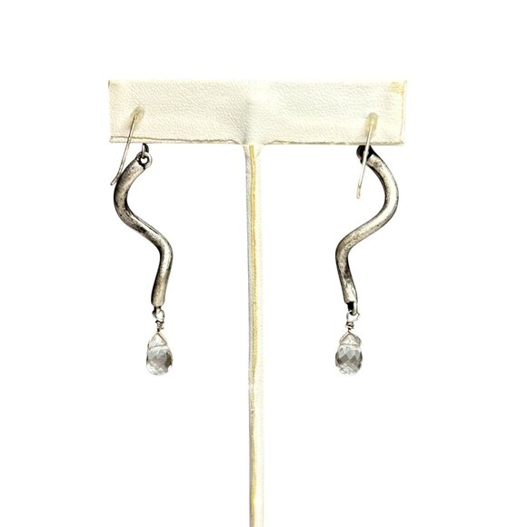 Silver Tone Curved Dangle Earrings with Clear Quartz Teardrop Crystal - Picture 1 of 5